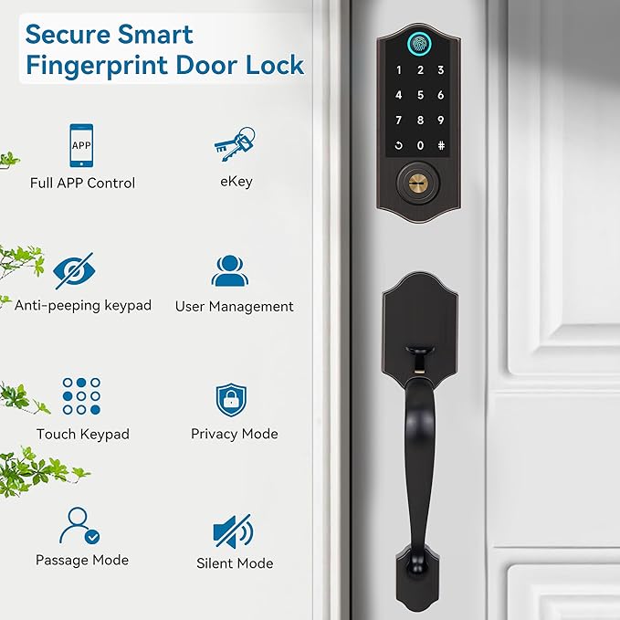 Harfo Fingerprint Smart Door Lock for Front Door with Handle Set, App Control, Keyless Entry Keyless Deadbolt, Digital Electronic Touchscreen Keypad, Auto Lock, Easy to Install, Aged Bronze