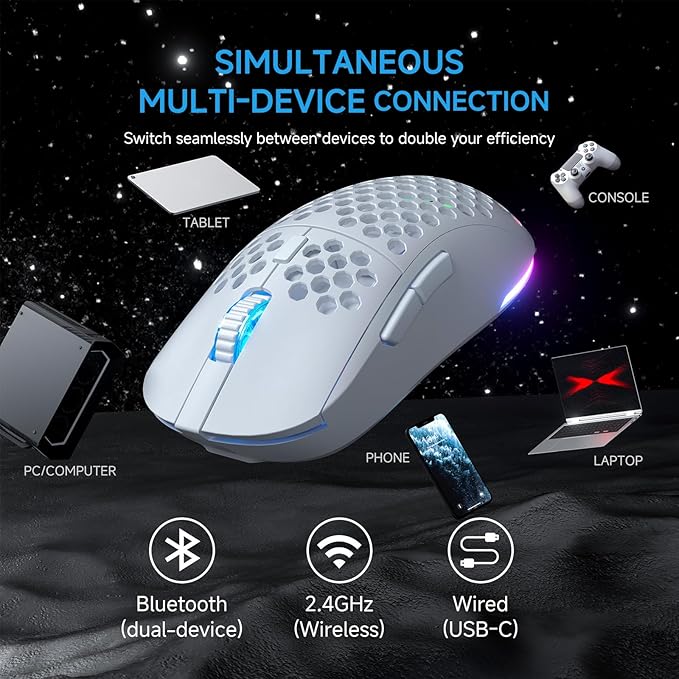 TMKB Falcon M1 Wireless Gaming Mouse, 24000DPI Optical Sensor, 180Hrs Battery, Lightweight, 6 Programmable Buttons, RGB Strip, 2.4G/BT5.2/USB-C Wired for PC/Mac/Laptop - Matte White