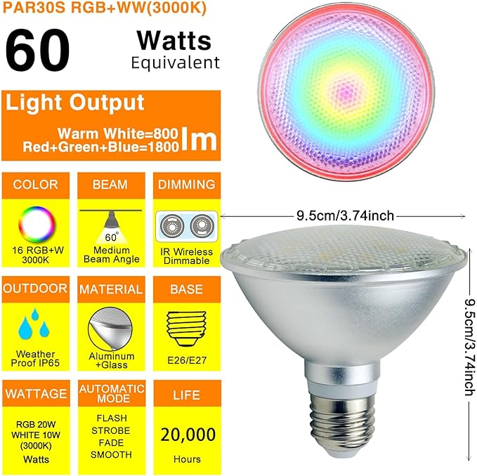2Pack PAR30S LED Light Bulb, 30W RGB+Warm White LED Flood Light Indoor/Outdoor, Dimmable Color Changing Spotlight with Remote Control, Lawn Lamp for Home Courtyard Christmas Party Decoration