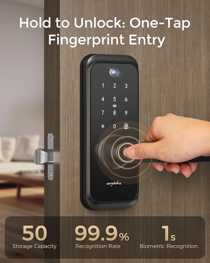 WiFi Video Smart Lock with Camera & Handle - 6-in-1 Keyless Entry (Fingerprint/App/Keypad/FOB/Key/Camera), Built-in WiFi, 2-Way Audio, Auto-Lock, Waterproof - Black