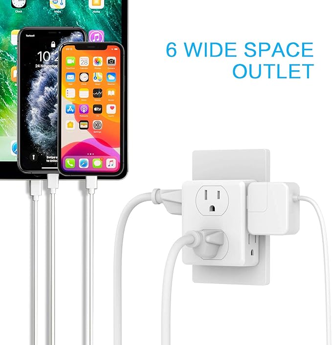 Outlet Extender, HICITY Multi Plug Outlet with 6 Electrical Outlets Adapter, 3-Prong Wall Outlet Tap for Cruise Ship Home Office Dorm, White (4 Pack)