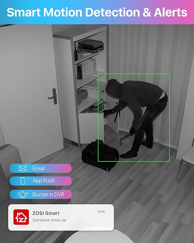 ZOSI 1080p Home Security Cameras System with AI Human/Vehicle Detection,H.265+ 8CH CCTV DVR and 4pcs 2.0MP 1920TVL Surveillance Cameras Indoor Outdoor,80ft Night Vision,Remote Access(No HDD)