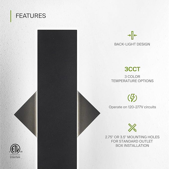 ASD LED 18" Long Wall Mount Light Fixture, Outdoor & Indoor Linear Sconce | 3CCT, Dimmable, Waterproof, Anti-Rust, ETL Listed | 18W 1200LM 3000-5000K 100-277V | Exterior Porch Lighting | Black, 2 Pack