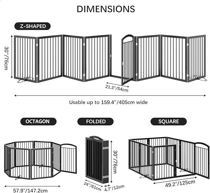 JSB 192-inch Extra Wide 30-inch Tall Dog gate with Door Walk Through,Full Matel Freestanding Round Tube Pet Gate for Halls Stairs, Puppy Safety Dog Fence with 4PCS Support Feet (Black)