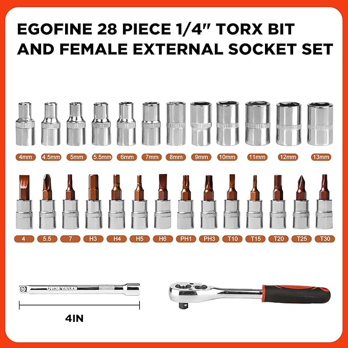 Egofine 28pcs 1/4 Inch Ratchet Socket Wrench Set, Drive Socket Set with 12 Sockets and 14 Bits, with Extension Bars