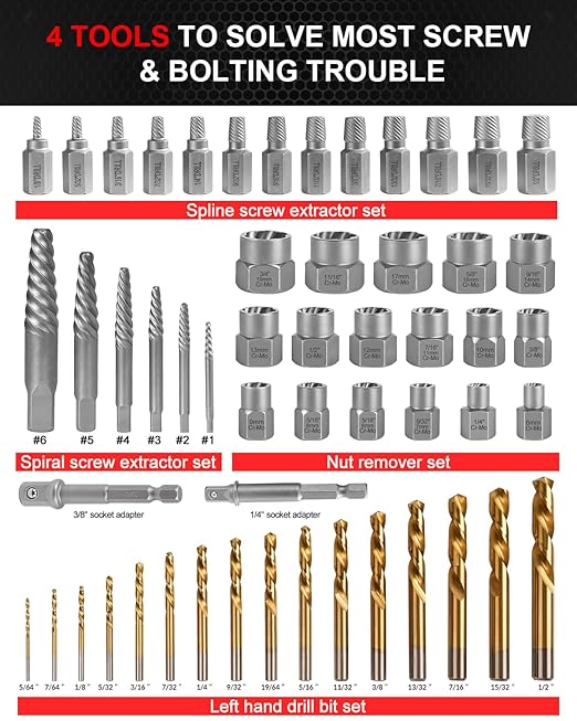 Kolvoii Screw Extractor Set & Bolt Extractor Kit, Left Hand Drill Bit Set, 54 Pcs Multi-Spline Bolt Remover Tools, for Removing Broken, Stripped Bolts, Screws, 35#CR-MO 6542/4341 HSS Steel Cobalt