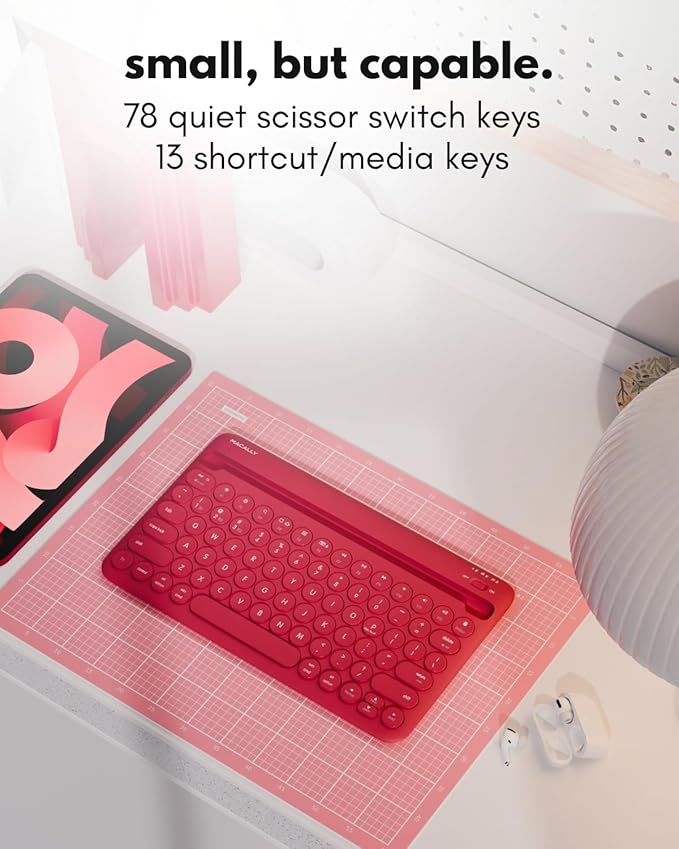 Macally Bluetooth Tablet Keyboard - Multi Device Wireless Keyboard for Phone, iPad mini/Pro, Android - Rechargeable with Built in Stand and Quiet Keys