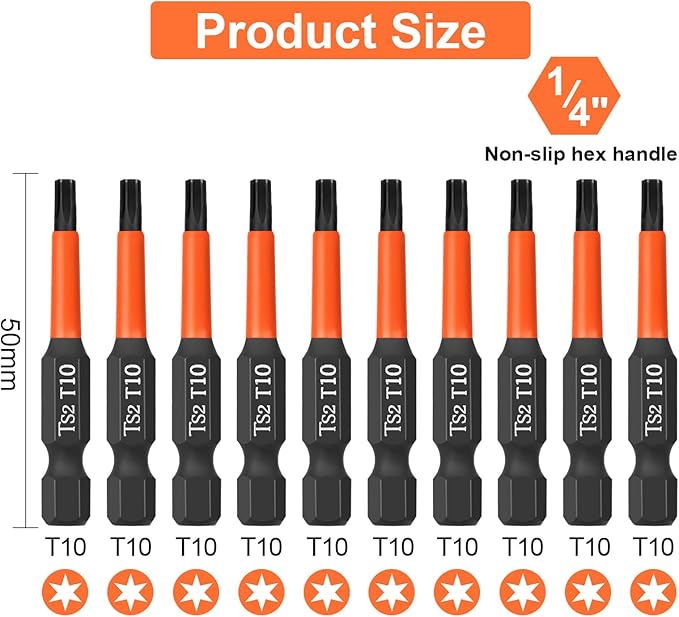 Pro T10 Screwdriver Bit Set - Torx Screwdriver 10 Pieces, 50mm Length, 1/4" Hex Shank Bit Assortment, with Storage Box