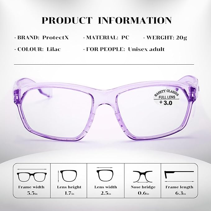 ProtectX Stylish Anti-Fog & Scratch-Resistant Safety Glasses With Readers, UV Protection Goggles, Anti-Impact Lightweight Glasses for Men＆Women Lilac Reading 3.0-2 Pack