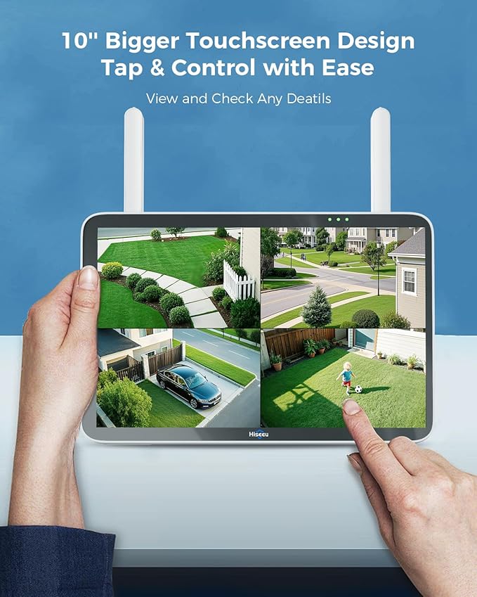 Hiseeu 8MP Outdoor Wireless Security Camera System, 10" Touch Screen NVR, 5G/2.4G WiFi-Pro 4K Cameras Kits, Full-Color Night Vision, Motion Detection, Two-Way Audio, IP66 Waterproof, 1TB HDD, No Fees