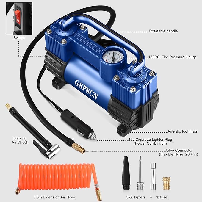GSPSCN Blue Tire Inflator Heavy Duty Double Cylinders with Portable Bag - Car Accessories，Metal DC 12V Air Compressor Pump 150PSI w/Adapter for Car, Truck, SUV Tires, Dinghy, Air Bed, RV etc