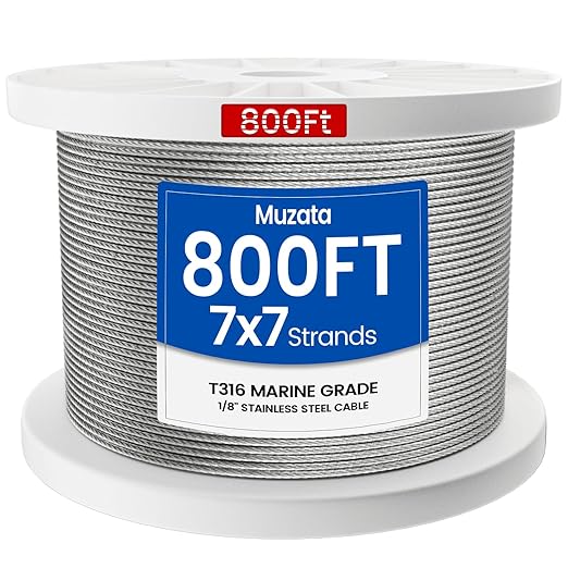 Muzata 800 ft 1/8" Stainless Steel Cable Railing System Hardware T316 Stainless Steel Wire Rope 7x7 Strands 1800 lb Breaking Strength Deck Cable Railing Kit for Indoor Outdoor Coastal WR02