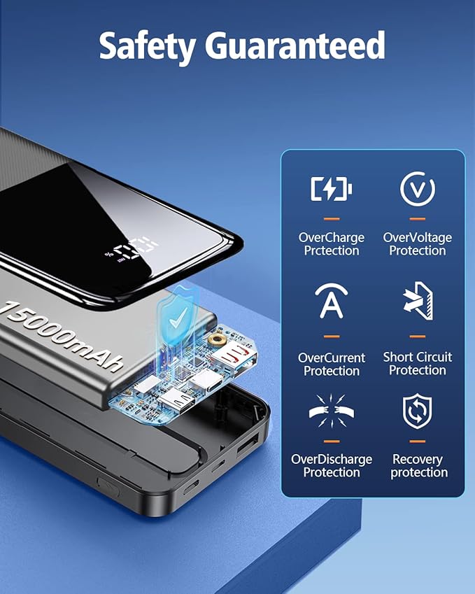 Portable Charger Power Bank - 15000mAh Fast Charging Powerbank Travel Camping Essential Battery Pack with Built in 22.5W Output Cable Compatible with iPhone 17 16 15 14 13 Samsung Google iPad, 1 Pack