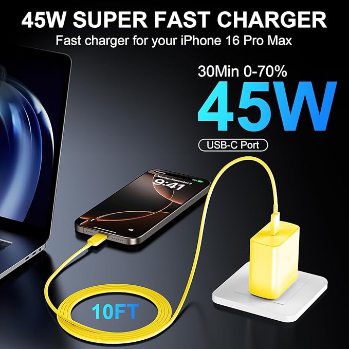 Phone 16 Pro Max Charger, 45W USB C Fast Charging Block With 10ft Long Type C Cable for Phone 16/15 Series, Pro/Plus Models - Yellow