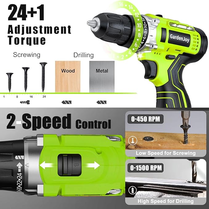 GardenJoy Cordless Power Drill Set: 12V Electric Drill with Battery and Charger, 65pcs Acessories, 3/8"Keyless Chuck, 2 Variable Speed, 24+1 Position, Compact Drill Driver Kit for Home & DIY Project