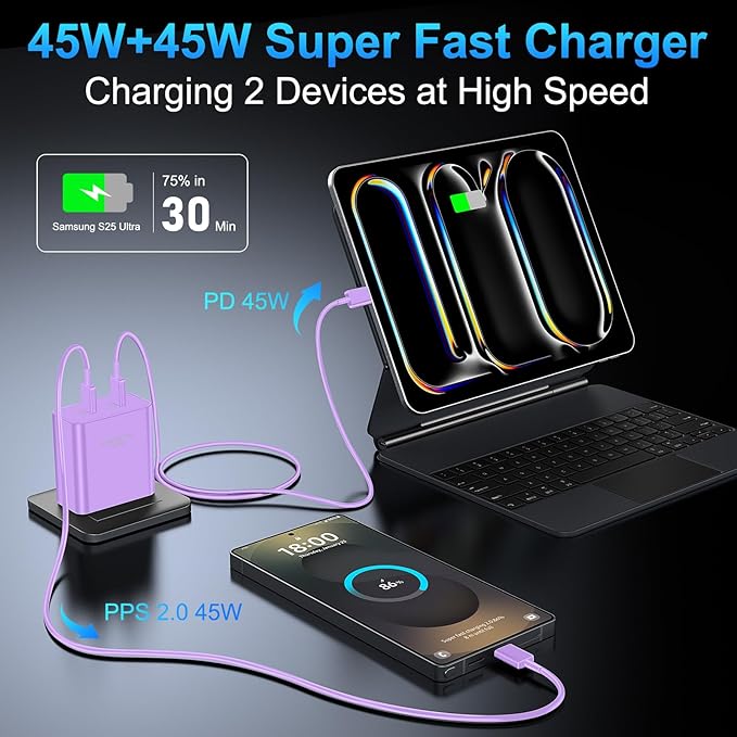 45W USB-C Super Fast Charger, 2-Port 45 Watt Type C Charger Fast Charging Block with 10FT USB C Cable Cord for Samsung Galaxy S25 Ultra/S25+/S25/S24/S23 Ultra/S23+/S22 Ultra/S22+/S20 Ultra-Purple