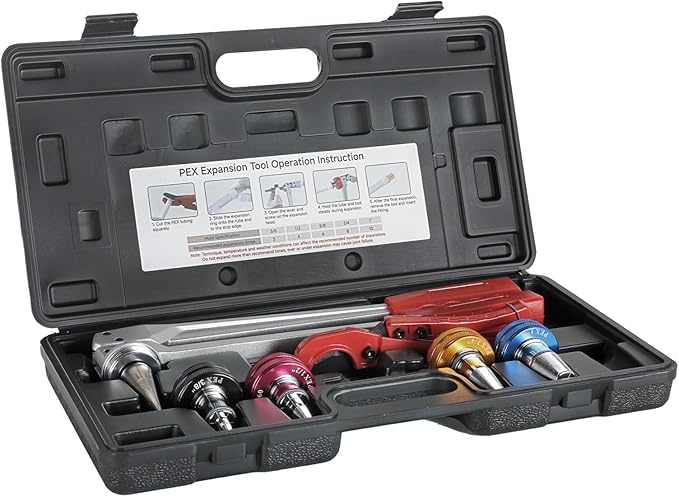 PEX Tube Expansion Tool Kit - Manual Expander with 4 Heads - Meets ASTM F1960 Standard - Includes 3/8”, 1/2”, 3/4”, 1” Expansion Heads and Tube Cutting Tool
