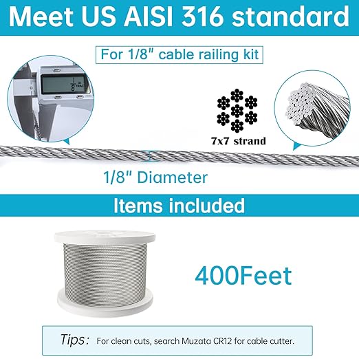 Muzata 400 ft 1/8" Stainless Steel Cable Railing System Hardware T316 Stainless Steel Wire Rope 7x7 Strands 1800 lb Breaking Strength Deck Cable Railing Kit for Indoor Outdoor Coastal WR02