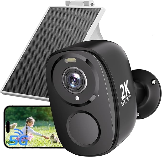 2.4&5G Solar Security Cameras Wireless Outdoor,2K QHD Home Security System, Solar Cameras Kit with 130° Ultra-Wide View, 2-Way Talk, IP65,Color Night Vision, Spotlight & Siren (1, Black)