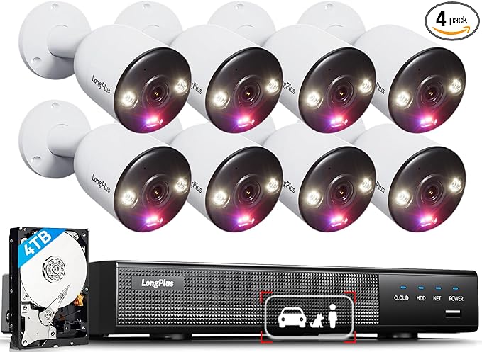 LongPlus 4K Security Camera System, 12MP H.265+ PoE Home Security Camera System, Person Vehicle Pet Detection, Spotlight Color Night Vision, 16CH NVR 4TB HDD, LP8MEF8B1