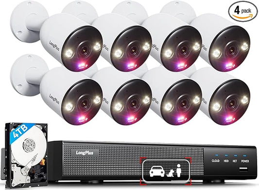 LongPlus 4K Security Camera System, 12MP H.265+ PoE Home Security Camera System, Person Vehicle Pet Detection, Spotlight Color Night Vision, 16CH NVR 4TB HDD, LP8MEF8B1
