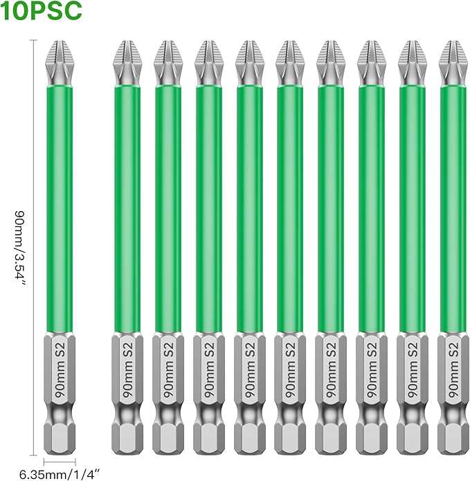 HUHAO 10Pcs High Magnetic Screwdriver Bit Set,S2 Alloy Steel Anti-Slip Drill Bit,1/4 Inch Hex Shank,Phillips Impact Screwdriver Bits Sets Waterproof Impact Batch Head for Electric Hand Tool,90mm