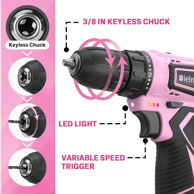 12V 82Pcs Cordless Pink Drill Set - Essential Women's Pink Tool Set, Lady's Basic Home Tool Kit with Pink Tool Bag - All in One Pink Tool Kit Ideal for DIY, Home Improvement