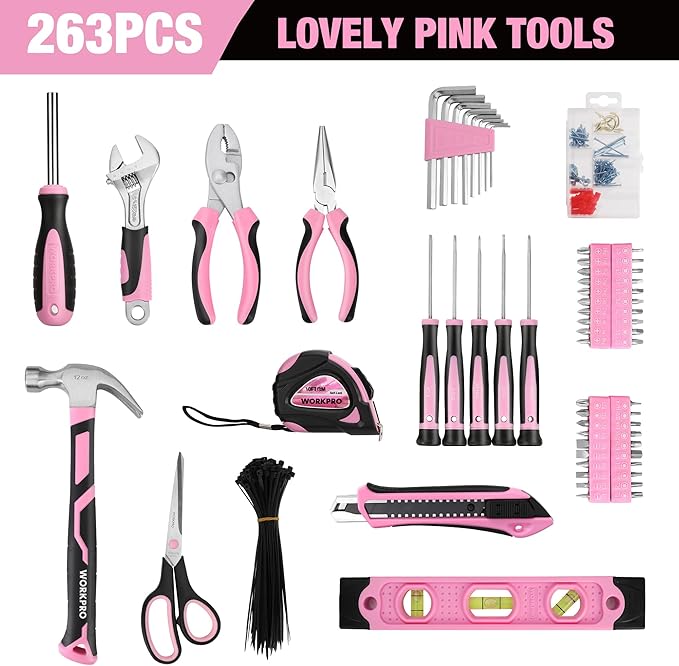 WORKPRO Pink Tool Kit, 263-Piece Home Repairing Tool Set with Wide Mouth Open Storage Bag, Household Tool Kit - Pink Ribbon