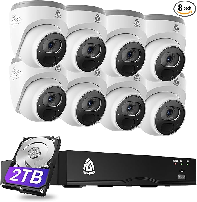 4K PoE CCTV Security Camera System, 8CH NVR with 2TB HDD and 8X 8MP PoE IP Cameras with AI Detection & Instant Alert, 100ft IR Night Vision, 24/7 Recording, 2-Way Audio, No Monthly Fee
