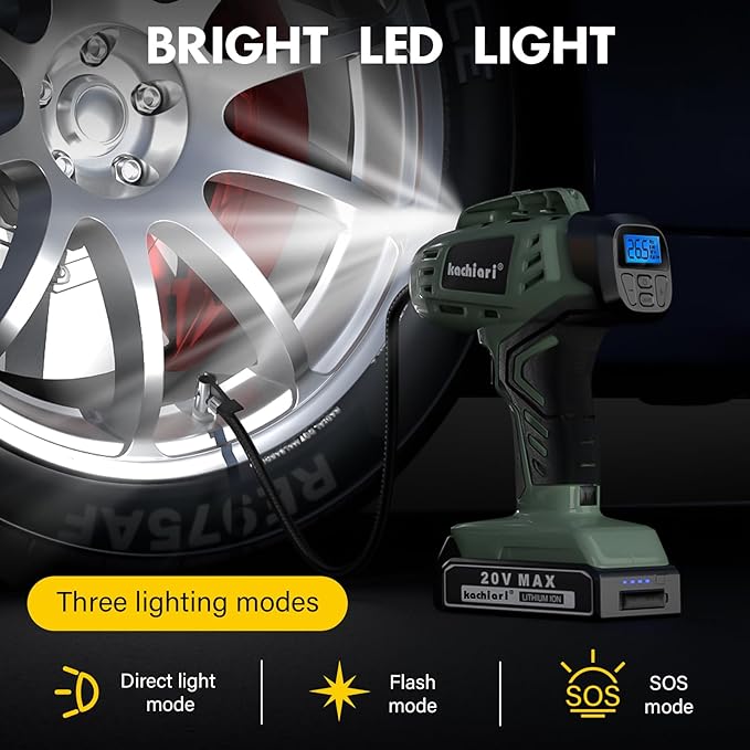 Tire Inflator Portable Air Compressor, 20V Cordless Car Tire Pump, Rechargeable Battery Powered Air Compressor w/12V DC Adapter Green