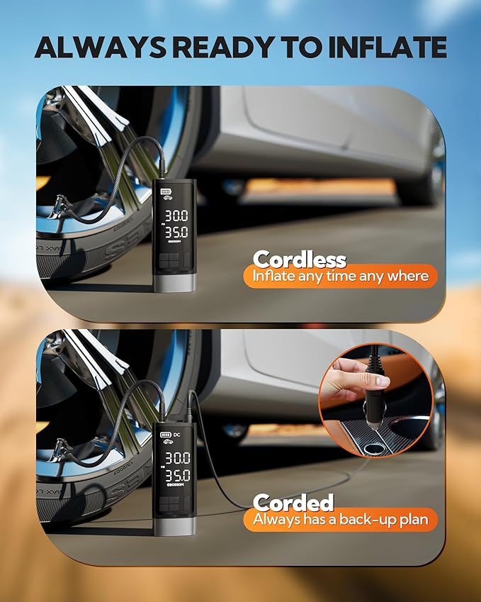 Portable Tire Inflator with Dual-Cylinder, 5 x Fast Inflation Car Air Compressor with Memory Function, 150PSI Cordless Tire Inflator Rechargeable with Battery,12V DC for Pickup Car, Moto, Bikes, Balls