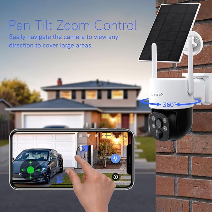 xmartO 2K QHD Wireless Solar Security Camera System for Homes, 2 Fixed Cameras & 2 PTZ Surveillance Cameras with WiFi 6 Base (Long Range WiFi, 4-CAM View, Past 120-day Storage, 0 Monthly Fee)