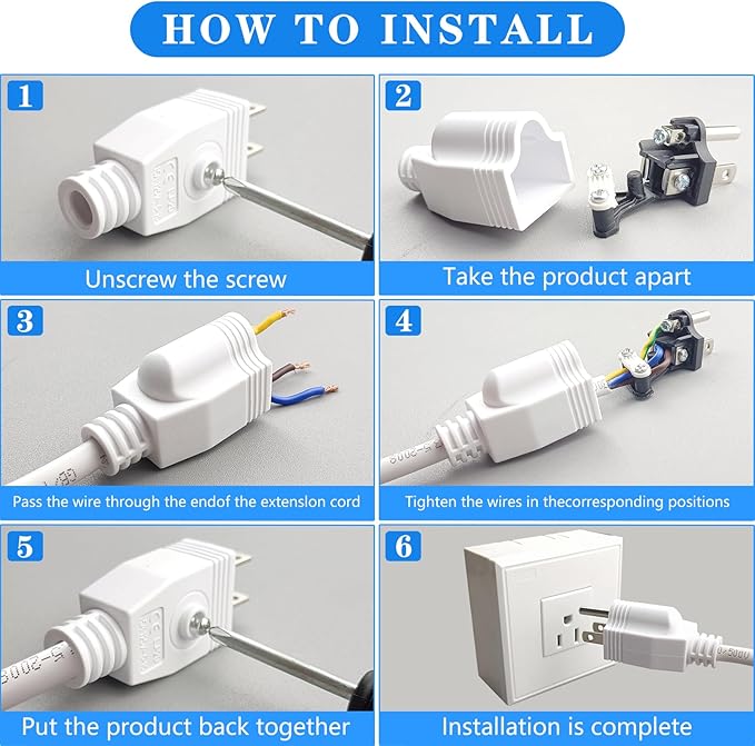 3 Prong Replacement Plug, Male Plug end Replacement 3Prongs, 3 Pack Extension Cord Ends with 1 Screwdriver, Neutral Ground Bonding Plu, 3 Wire 15A 125V, Replacementplug 3 Prong, White