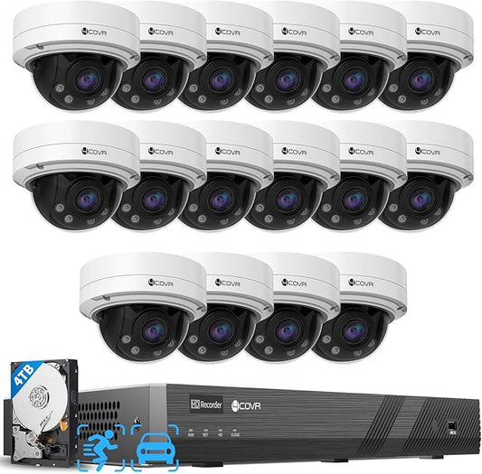 4COVR 16 Channel 4K PoE Security Camera System, AI Human/Vehicle Detection, 16x 8MP Auto-Focus IP67 IK10 Vandal-Proof Dome Cameras, UHD NVR with 4TB HDD, Business Surveillance, LY57BA8M1616-1