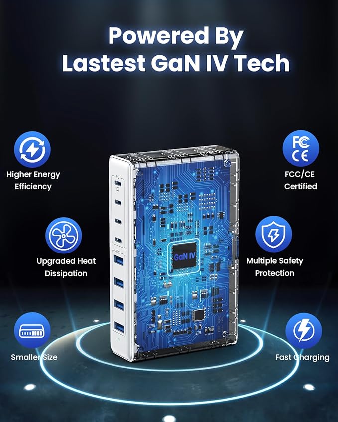 200W USB C Charger Block,GaN IV Charging Station 8 Ports,QC4.0 Fast Charging Station Hub+PD 65W USB C Laptop Charger Adapter Compatible with MacBook Air/Pro,DELL,iPhone 16/15,iPad,Steam Deck-White