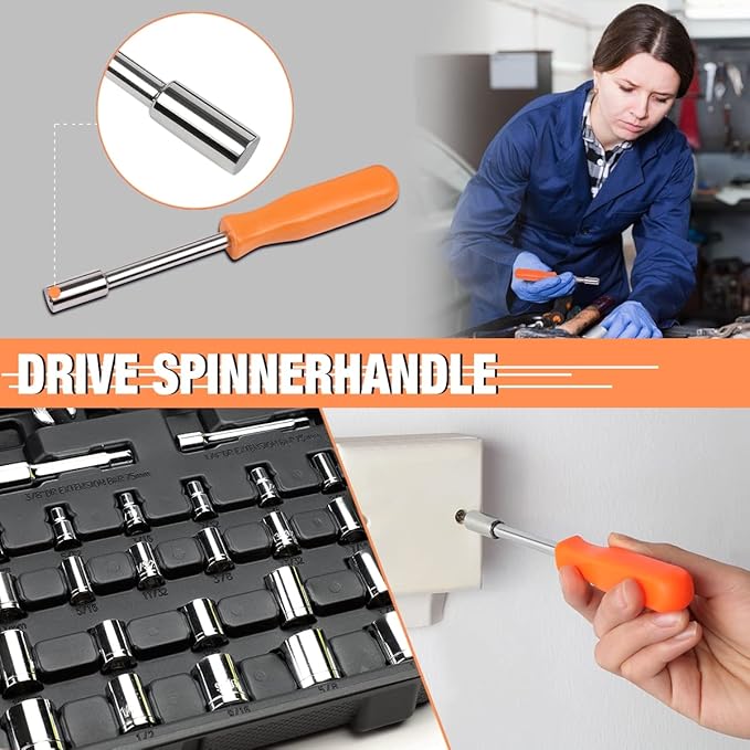 DNA MOTORING 220pcs Mechanic Tool Socket Wrench Set, SAE and Metric Socket Wrench Set, Tool Box Case for Home, Auto and Bike Repair, Orange, TOOLS-00021