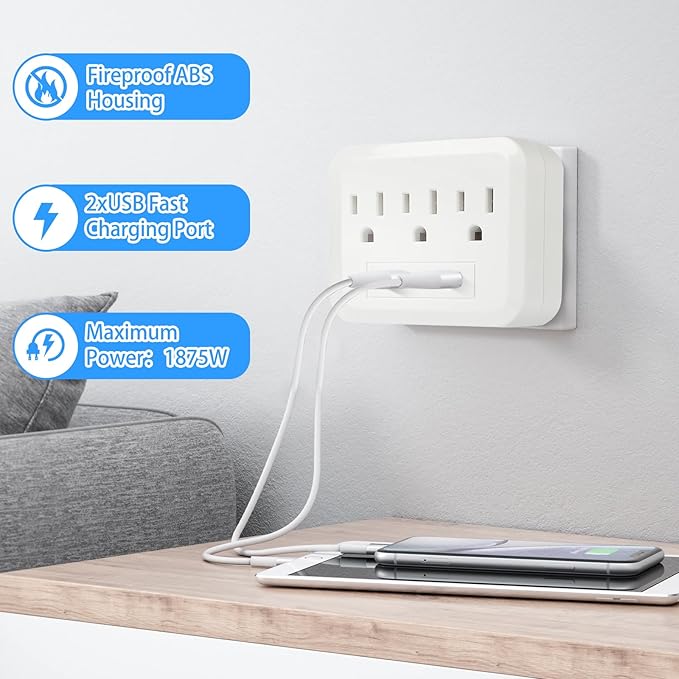 Wall Surge Protector - 3 AC Outlets and 2 USB Ports Power Strip with Premium Protection, Wall Mount Outlet Splitter, Extender Charging Station (White)