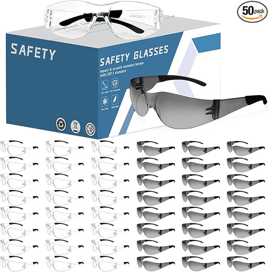 Clear Safety Glasses Bulk of 50,ANSI Z87.1 Impact Resistant Lens Eye Protection for Lab,Construction