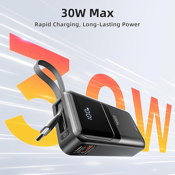 PD 30W Fast Charging Portable iPhone Charger 10 000mAh Mini Size Power Bank with Built in USB C & Lightning Cable, LED Display, Travel Battery Pack for iPhone 16/15/14/13 Series Samsung etc