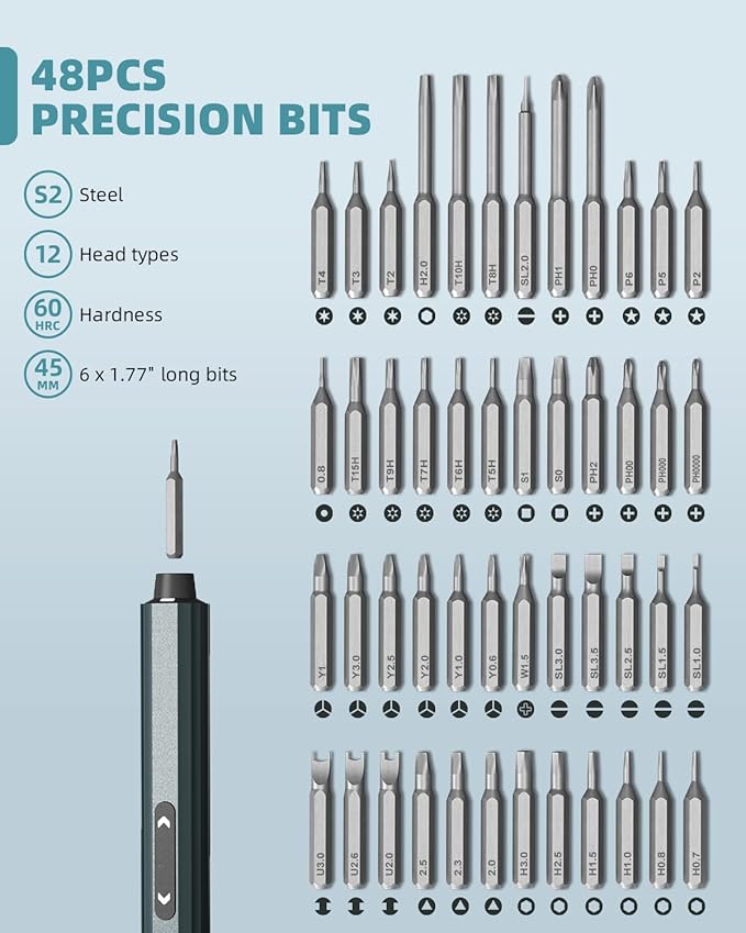 Mini Electric Screwdriver with Display, Precision Electric Screwdriver with 5 Torque Settings, 48pcs S2 Magnetic Bits, LED Light,Electric Screwdriver Cordless for Electronics Phone Camera Laptop Watch