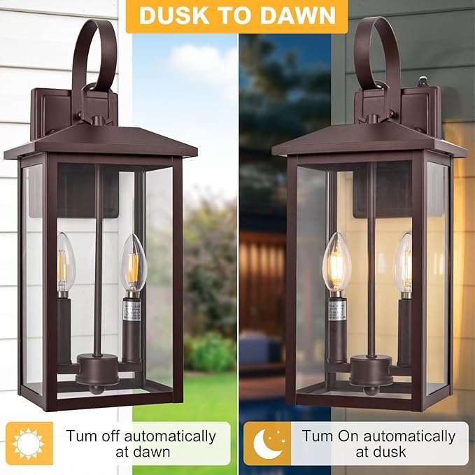 Extra Large Exterior Lighting Fixtures Bronze, Dusk Till Dawn Outdoor Light Fixture, 2-Light Outdoor Wall Fixture with E12 Socket, 18" Porch Light Fixtures for House, Garage, Patio, Door, Backyard