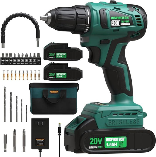 20V Cordless Brushless Power Drill Set with 2 Batteries and Charger,3/8-Inch Chuck Electric Drill-Driver,22 Torque Setting,Drilling/Driver Bits and Tool Bag Included