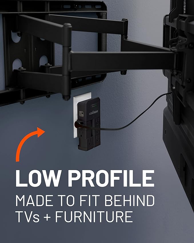 ECHOGEAR On-Wall Surge Protector with 6 Pivoting AC Outlets & 1080 Joules of Surge Protection - Low Profile Design Installs Over Existing Outlets to Protect Your Gear (Black)