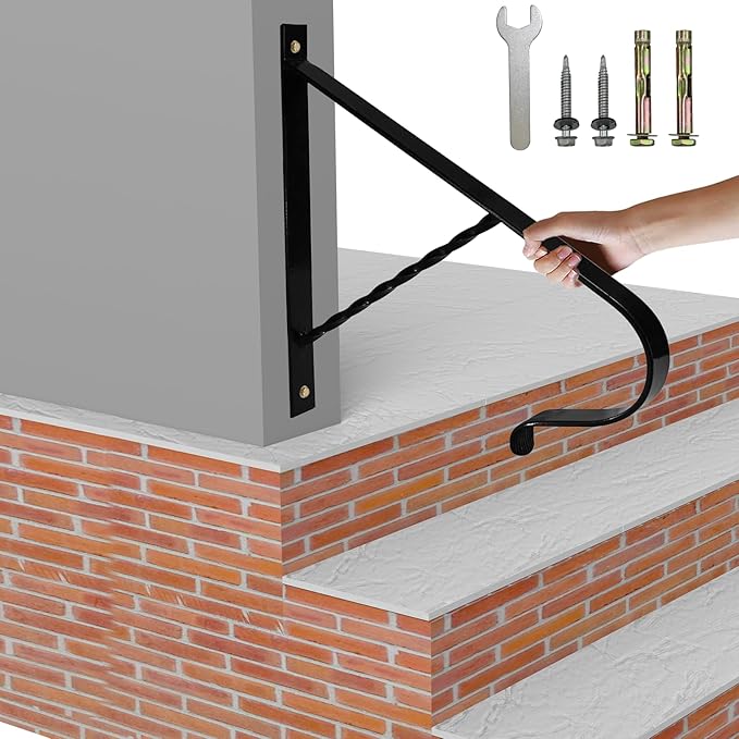 19.5" Handrail for Outdoor Steps,1-2 Steps Stair Handrails-Wall Mounted Wrought Iron Hand Railing-Powder Coated Carbon Steel-Metal Art Single Step Handrail-Step Grab Rail for Indoor Outdoor Stair Step