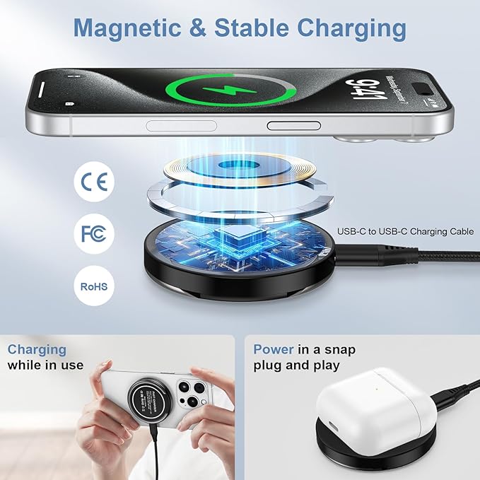 Samsung Magnetic Charger Wireless Fast Charging Pad for Samsung Galaxy S25 Ultra/S24 Plus/S23/S22/S21/S20/S10/15W MagSafe Charger Stand for iPhone 16e/16 Pro Max/16/15/14/13/12/Pixel 9 Pro/9a/8a/7a/7