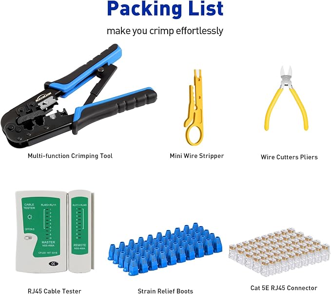 RJ45 Crimp Tool Ethernet Crimper Tool Kit Cat 6 Cat 5E Cat 5 Crimping Tool with Network Cable Tester, Wire Cutter Pliers, Mini Cable Stripper, 50 Pcs Cat 5E Connector and Strain Relief Boots