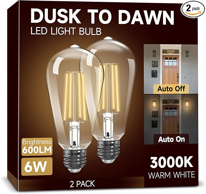 Dusk to Dawn Light Bulbs: Outdoor Light Bulbs, 6W Equivalent 60W Edison Bulbs, 3000K Warm White, Vintage 600LM LED Outdoor Lighting, E26 Base, Photocell Sensor, Automatic Bulb for Porch Patio, 2 Pack