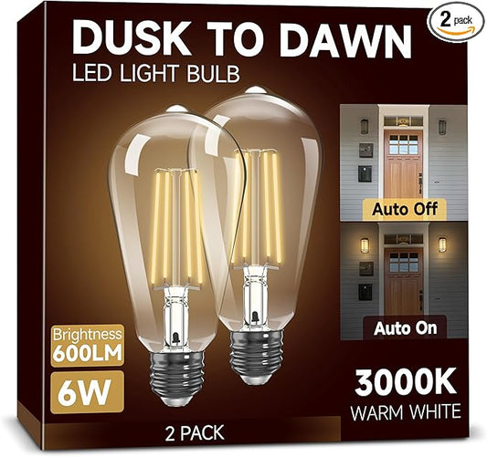 Dusk to Dawn Light Bulbs: Outdoor Light Bulbs, 6W Equivalent 60W Edison Bulbs, 3000K Warm White, Vintage 600LM LED Outdoor Lighting, E26 Base, Photocell Sensor, Automatic Bulb for Porch Patio, 2 Pack