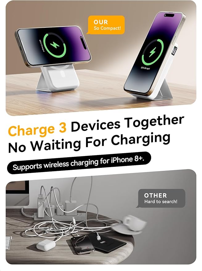 Magnetic Portable Charger, 10000mAh Wireless Power Bank with 20W USB-C Fast Charging, Foldable Stand & LED Display Magnetic Battery Pack, Compatible with iPhone 16/15/14/ All Series