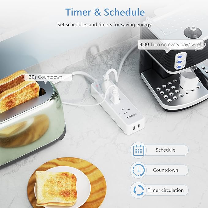 Smart Power Strip Surge Protector 900J, TESSAN WiFi Extension Cord with 3 Remote Controlled Outlets Socket 2 USB, Wall Mountable Timer Smart Plug Compatible with Alexa Google Home, Only 2.4 GHz Wi-Fi